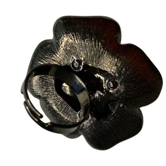 Purple Flower Ring Enamel Petals, Rhinestone Center, Adjustable Band - Picture 3 of 5